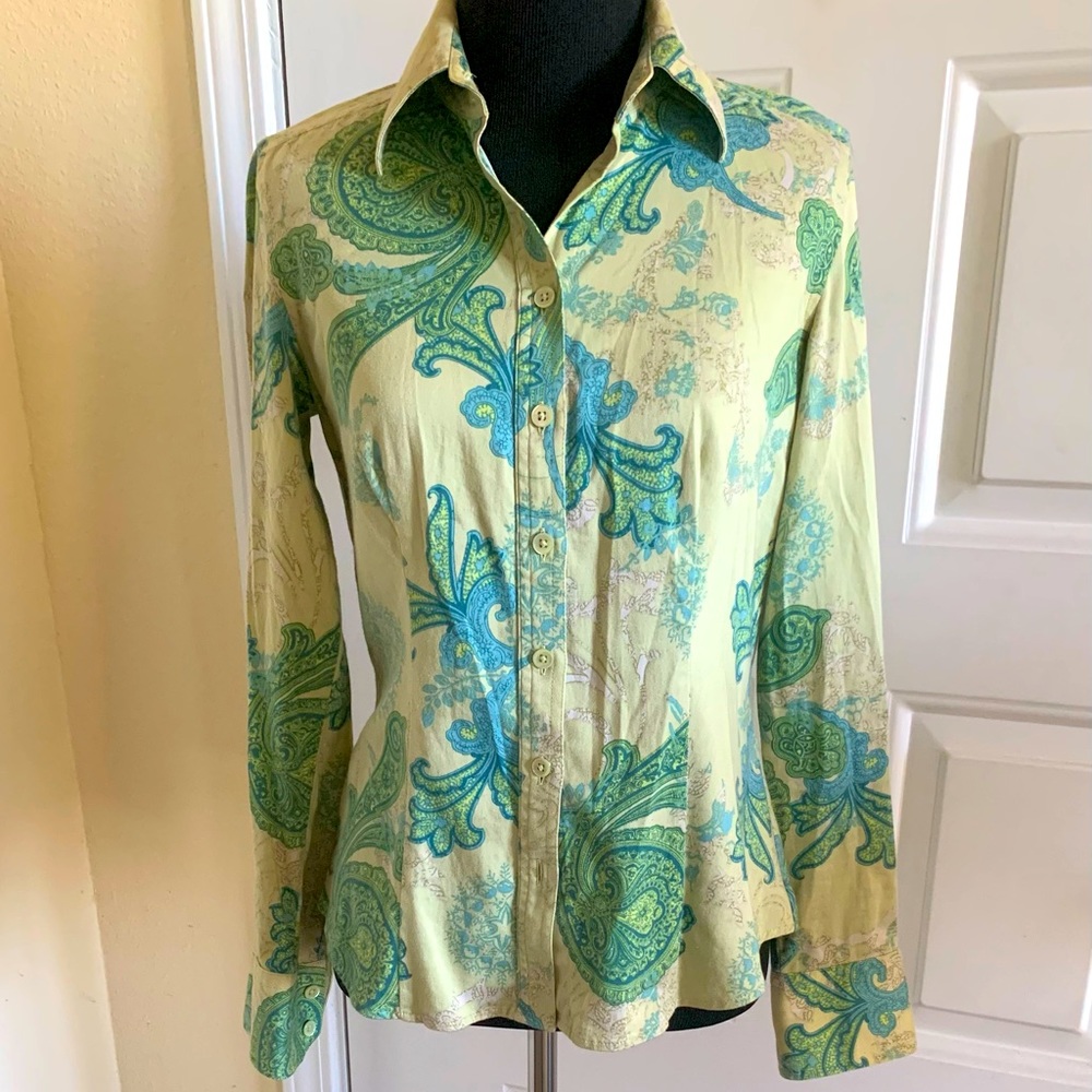 Ann Taylor Teal And Green Paisley Cotton Spandex Button Down Shirt Size 2